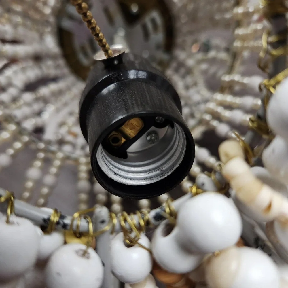 Vintage Boho Beaded Pendant Light Swag Lamp Wood Seashell Handcrafted Coastal‎
